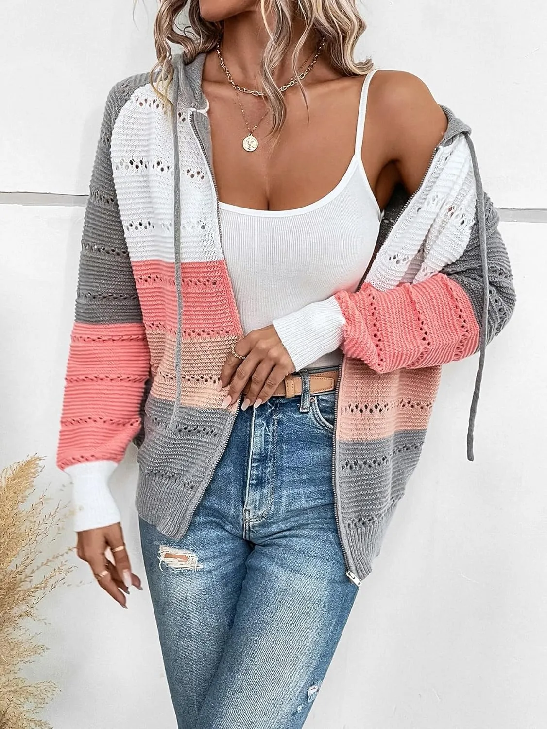 SweatyRocks Women's Color Block Drawstring Hooded Coat Hollow Out Knit Zip Up Cardigan Sweater