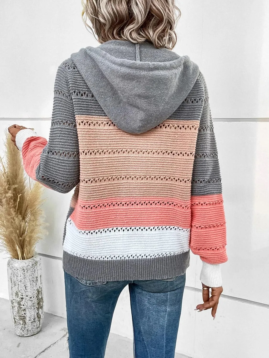 SweatyRocks Women's Color Block Drawstring Hooded Coat Hollow Out Knit Zip Up Cardigan Sweater