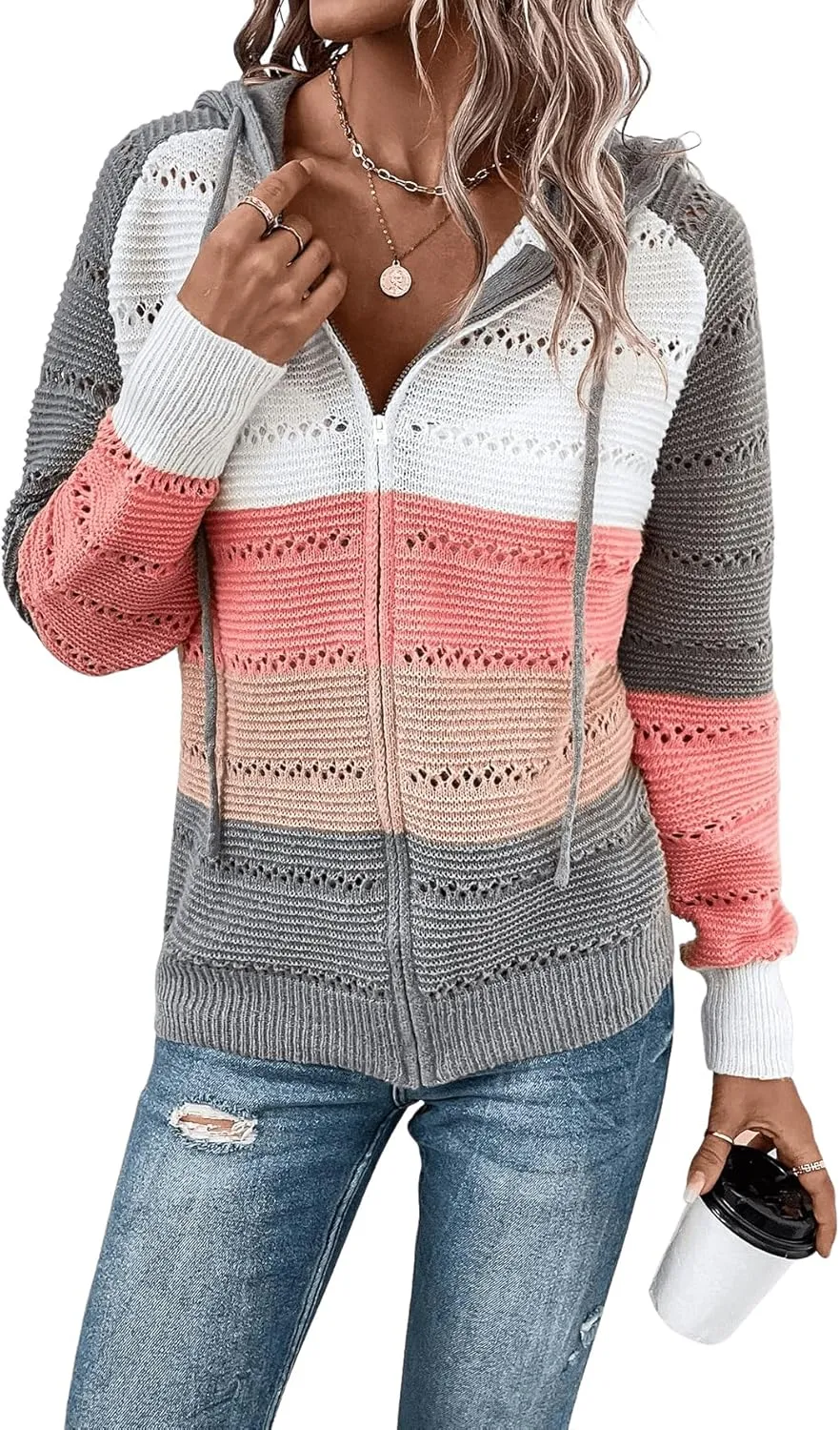 SweatyRocks Women's Color Block Drawstring Hooded Coat Hollow Out Knit Zip Up Cardigan Sweater