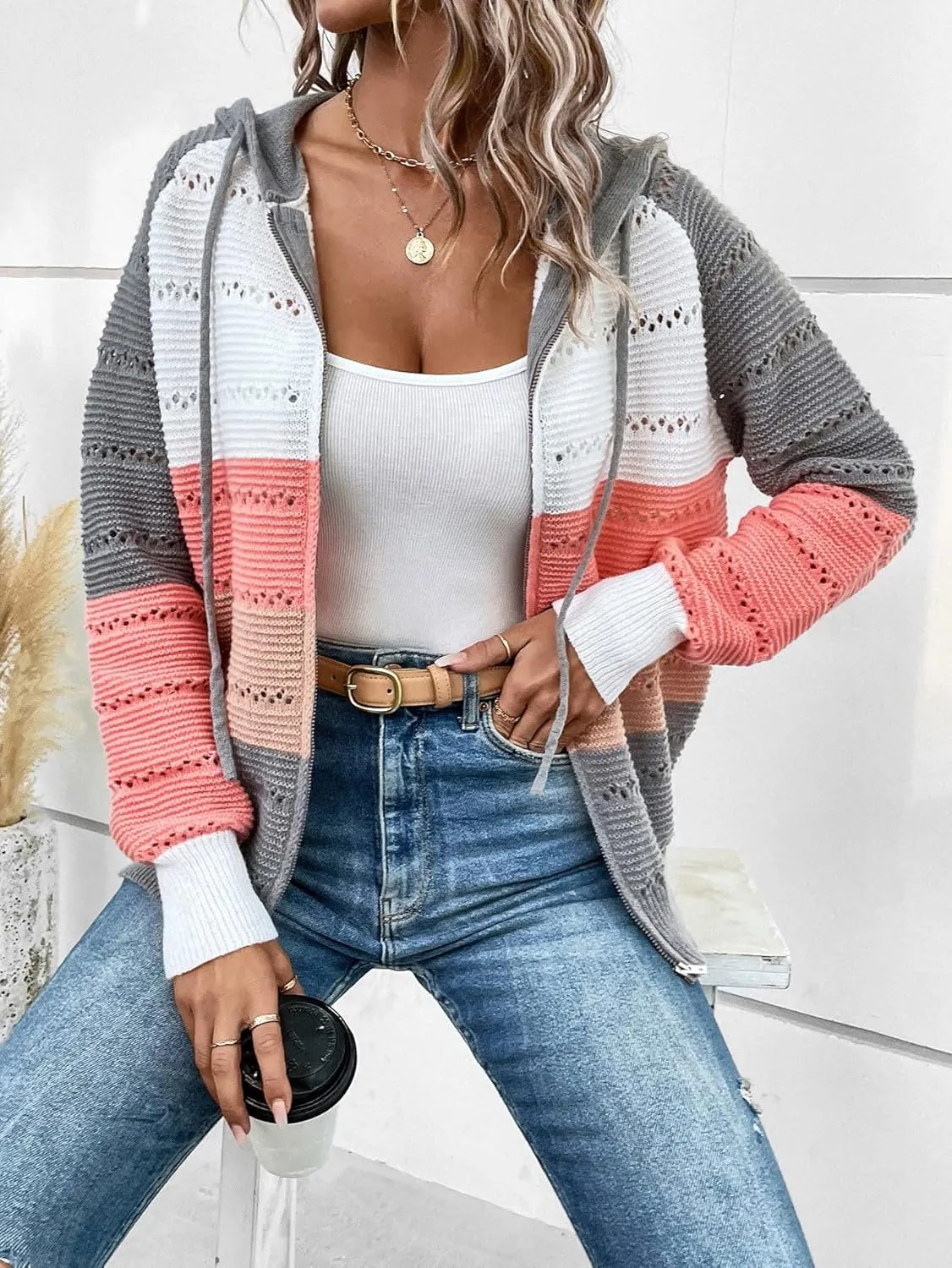 SweatyRocks Women's Color Block Drawstring Hooded Coat Hollow Out Knit Zip Up Cardigan Sweater