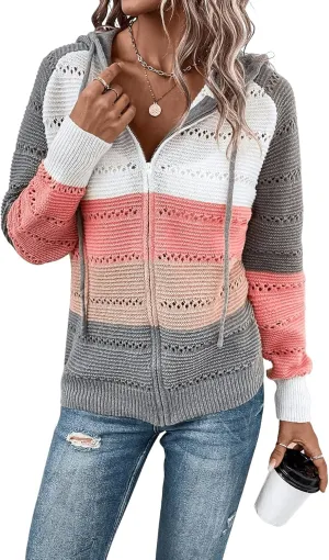 SweatyRocks Women's Color Block Drawstring Hooded Coat Hollow Out Knit Zip Up Cardigan Sweater
