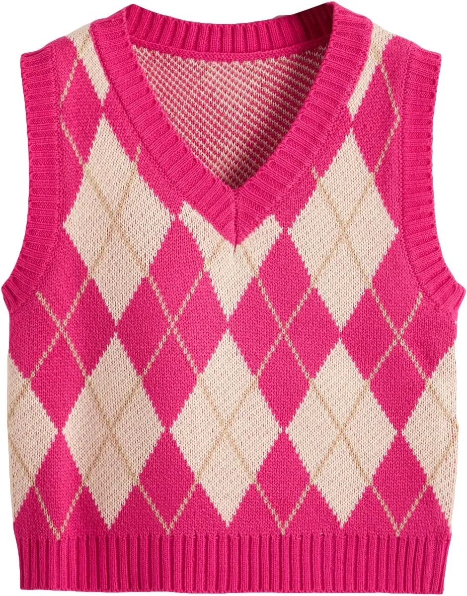 SweatyRocks Women's Plaid Geo Sleeveless V Neck Knit Crop Top Sweater Vest
