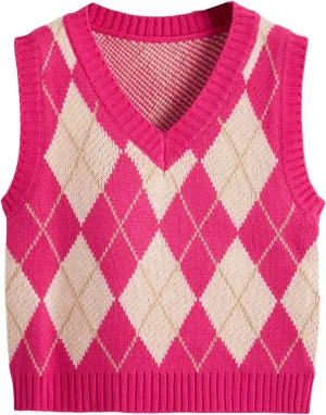 SweatyRocks Women's Plaid Geo Sleeveless V Neck Knit Crop Top Sweater Vest