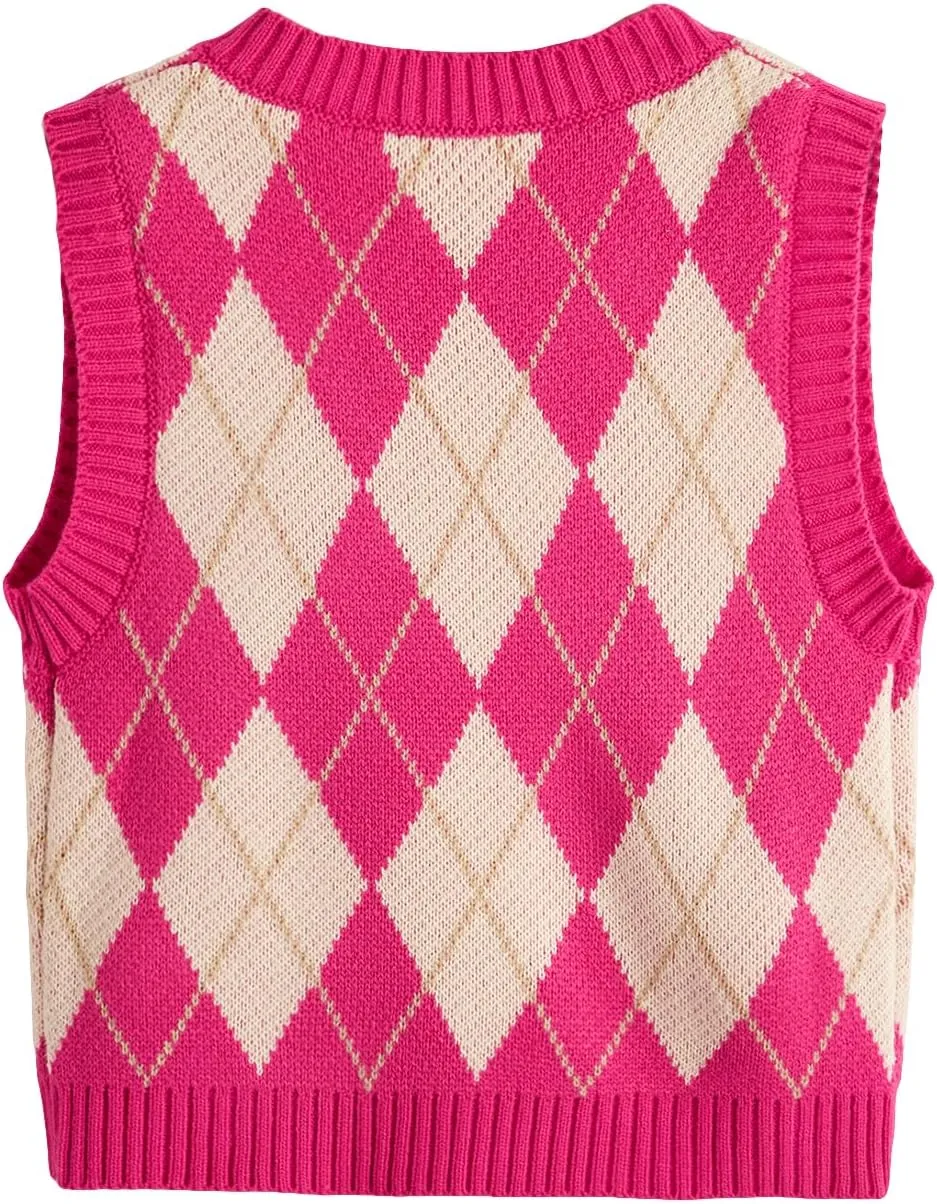 SweatyRocks Women's Plaid Geo Sleeveless V Neck Knit Crop Top Sweater Vest