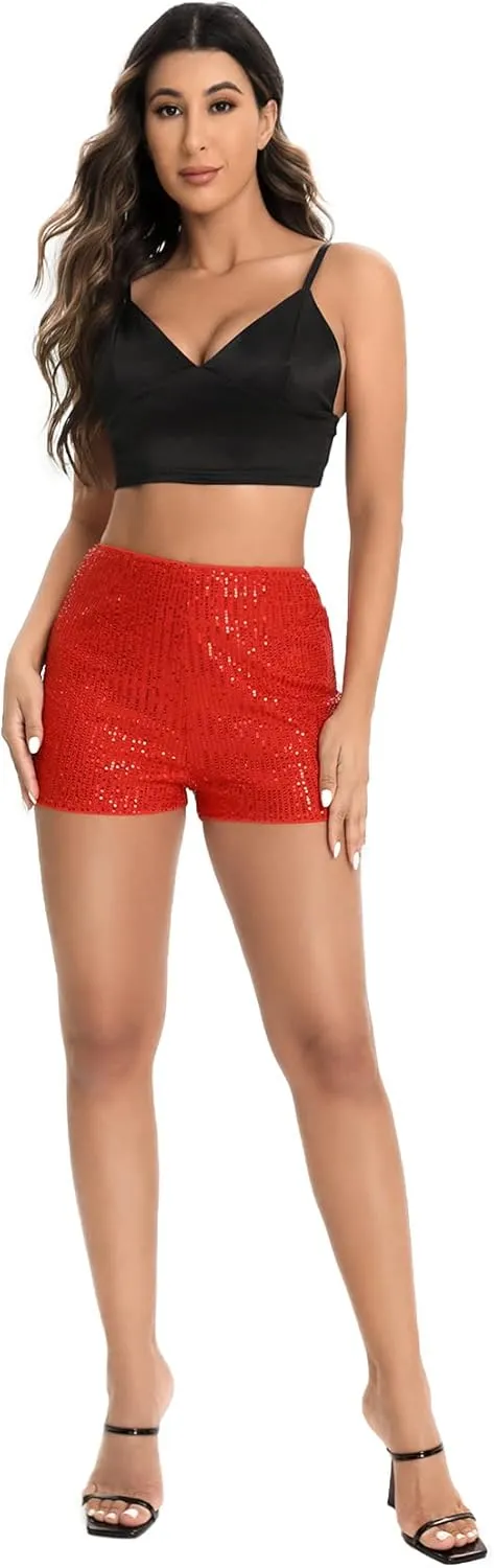SweatyRocks Women's Sequins High Elastic Waist Straight Leg Shorts Solid Glitter Party Shorts