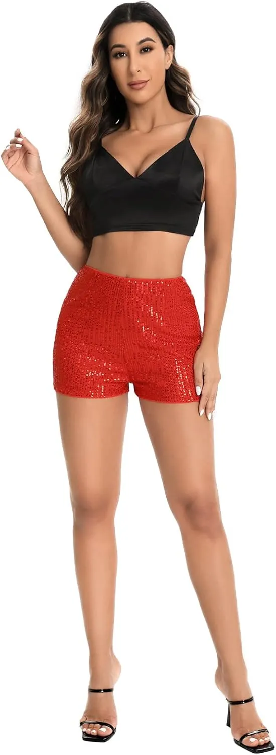 SweatyRocks Women's Sequins High Elastic Waist Straight Leg Shorts Solid Glitter Party Shorts