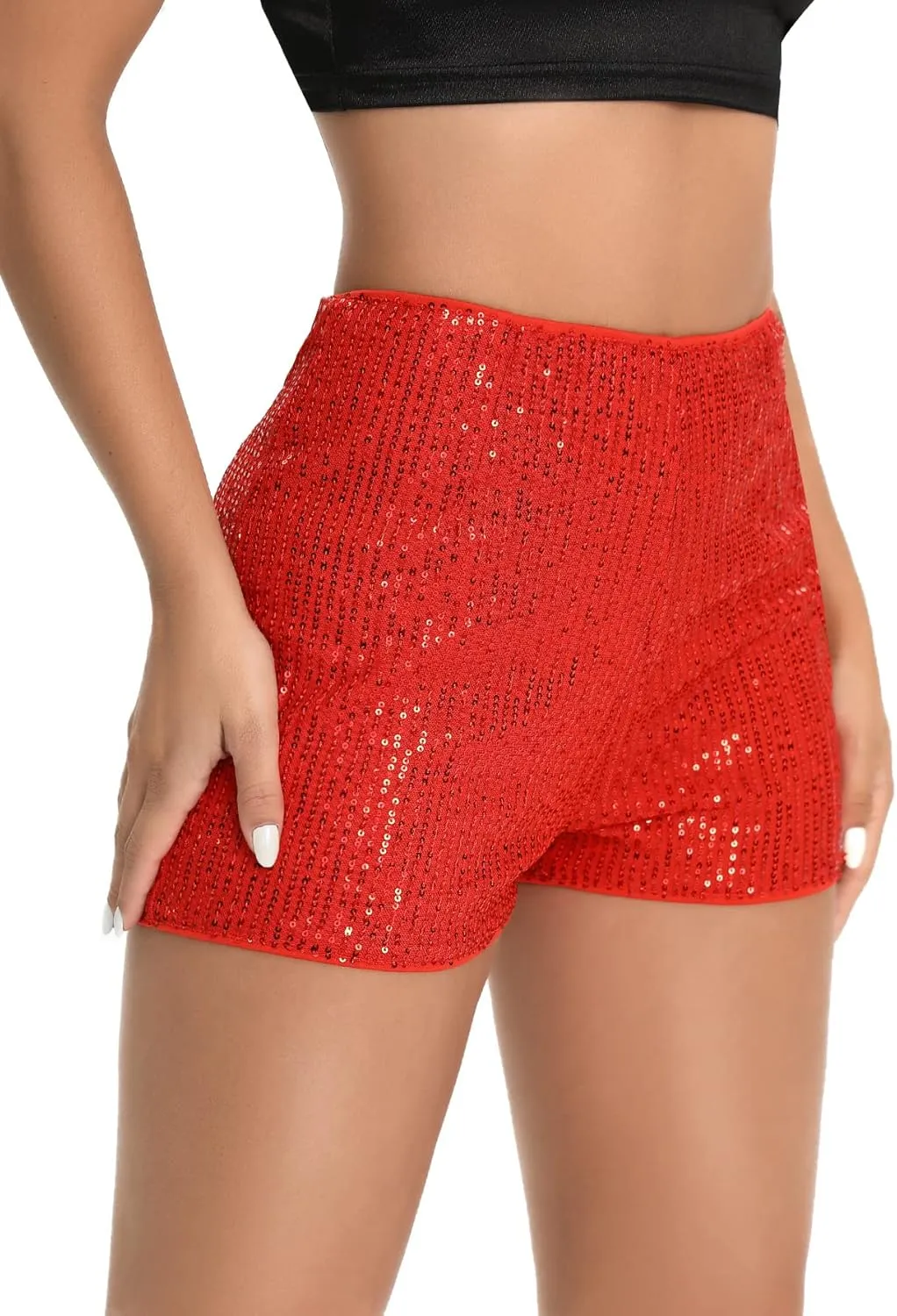 SweatyRocks Women's Sequins High Elastic Waist Straight Leg Shorts Solid Glitter Party Shorts