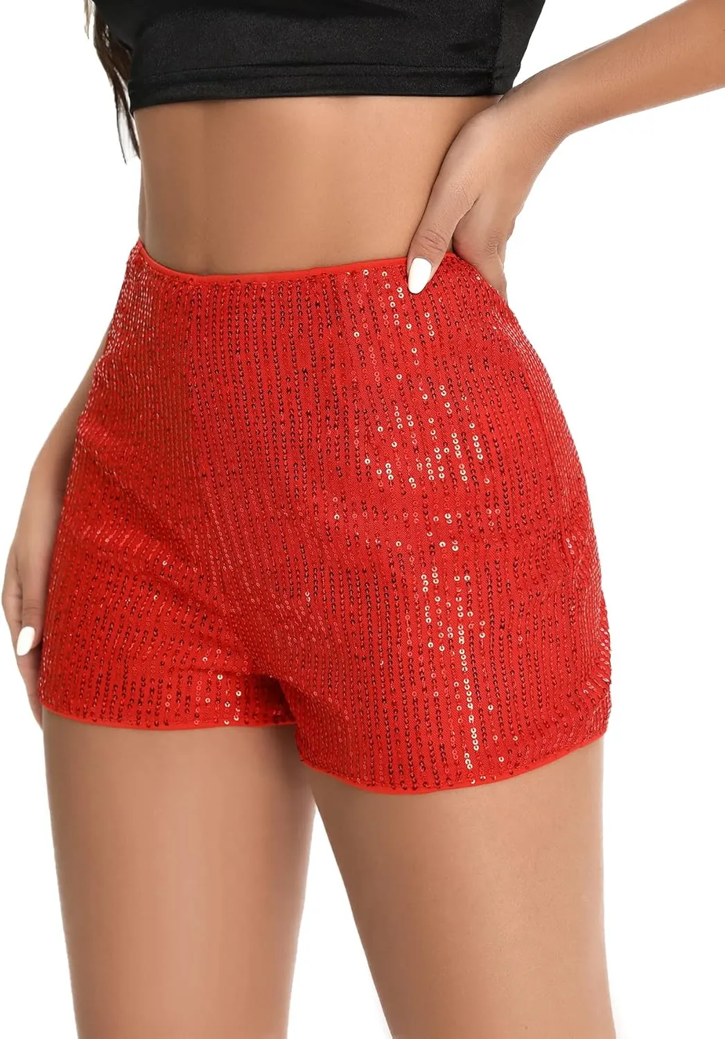 SweatyRocks Women's Sequins High Elastic Waist Straight Leg Shorts Solid Glitter Party Shorts