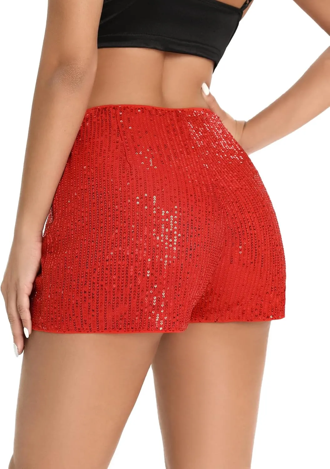 SweatyRocks Women's Sequins High Elastic Waist Straight Leg Shorts Solid Glitter Party Shorts