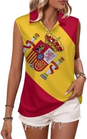 TAIZIYEAH Women's V Neck Sleeveless Top Spain Flag Loose PO-LO Tank Top Shirts Casual Pullover Blouse Shirts Blouses Summer