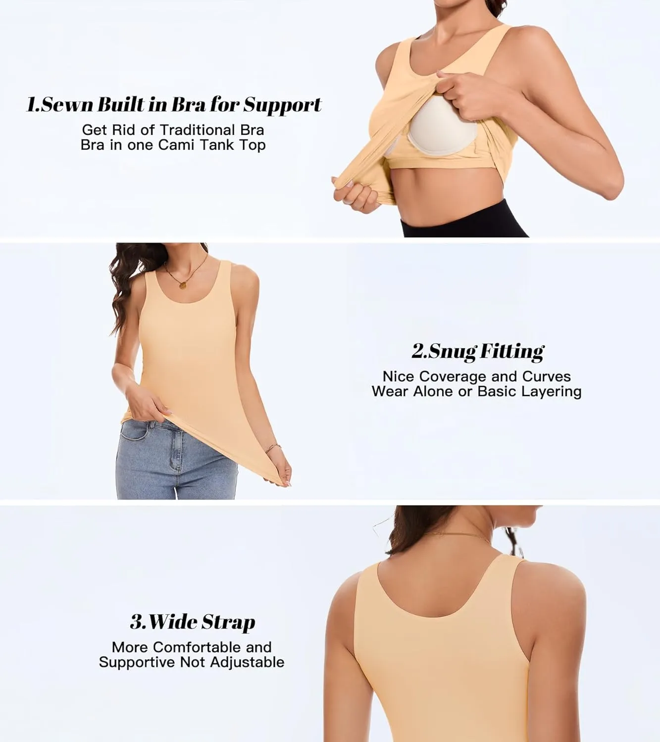 Tank Top with Built in Bra Cup for Women Casual Wide Strap Sleevless Layer Camisole Yoga Top Pack S-3XL