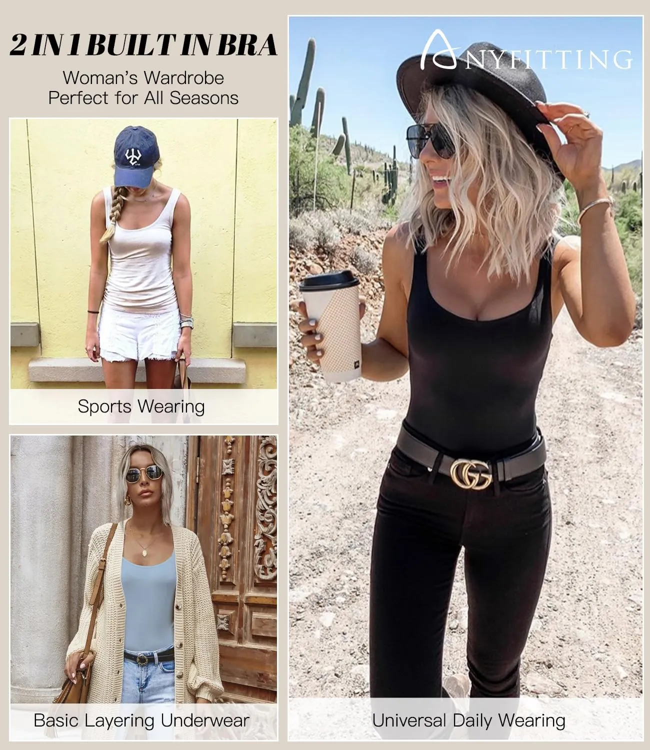 Tank Top with Built in Bra Cup for Women Casual Wide Strap Sleevless Layer Camisole Yoga Top Pack S-3XL