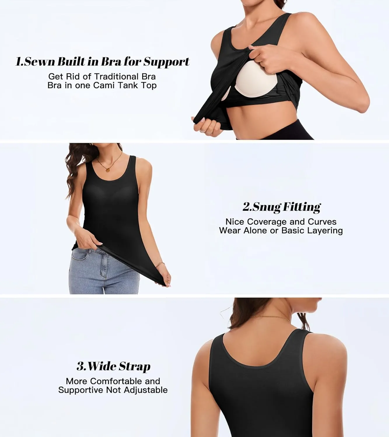 Tank Top with Built in Bra Cup for Women Casual Wide Strap Sleevless Layer Camisole Yoga Top Pack S-3XL