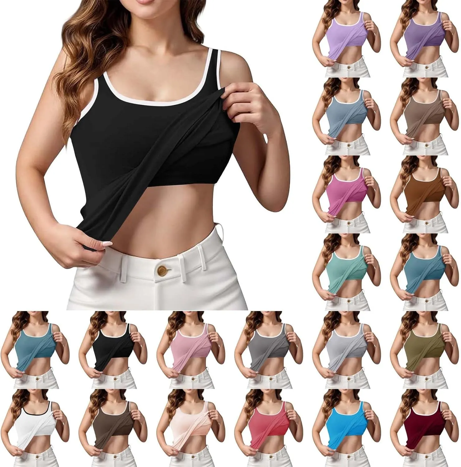 Tank Top with Built in Bra for Women 2025 Summer Plus Size Scoop Neck Sleeveless Tee Basic Workout Top Camisole