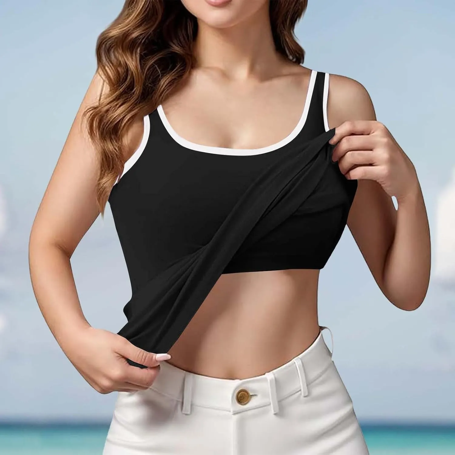 Tank Top with Built in Bra for Women 2025 Summer Plus Size Scoop Neck Sleeveless Tee Basic Workout Top Camisole