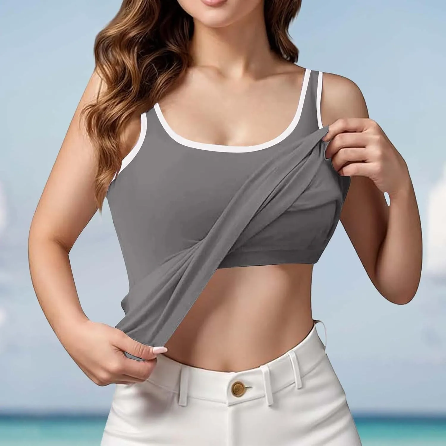 Tank Top with Built in Bra for Women 2025 Summer Plus Size Scoop Neck Sleeveless Tee Basic Workout Top Camisole