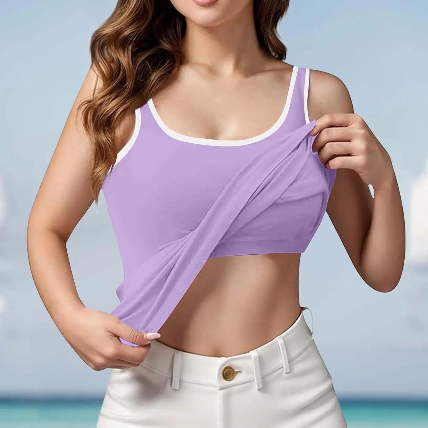 Tank Top with Built in Bra for Women 2025 Summer Plus Size Scoop Neck Sleeveless Tee Basic Workout Top Camisole