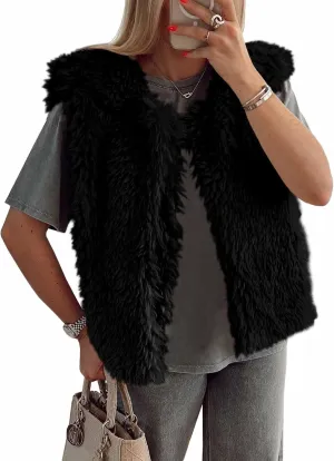 Tankaneo Womens Faux Fur Vest Cropped Sleeveless Warm Winter Shaggy Open Front Outerwear Vest