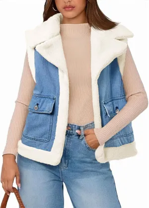 Tankaneo Womens Sherpa Denim Vest Oversized Fleece Lined Sleeveless Jean Jacket Winter Fuzzy Outerwear