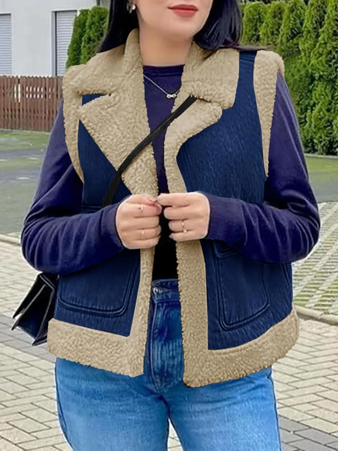 Tankaneo Womens Sherpa Denim Vest Oversized Fleece Lined Sleeveless Jean Jacket Winter Fuzzy Outerwear