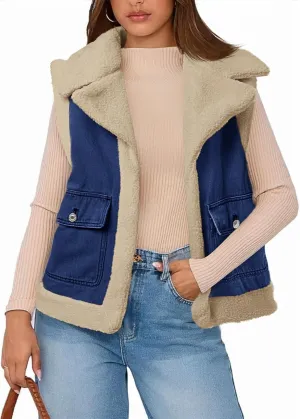 Tankaneo Womens Sherpa Denim Vest Oversized Fleece Lined Sleeveless Jean Jacket Winter Fuzzy Outerwear