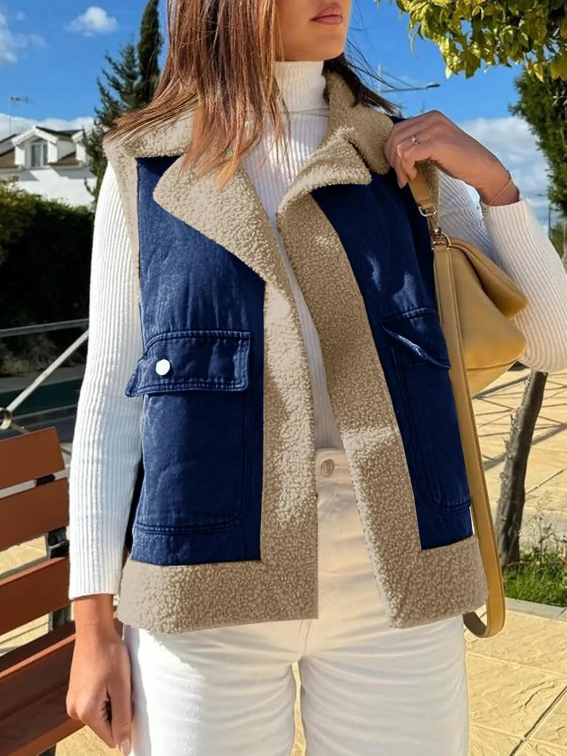 Tankaneo Womens Sherpa Denim Vest Oversized Fleece Lined Sleeveless Jean Jacket Winter Fuzzy Outerwear
