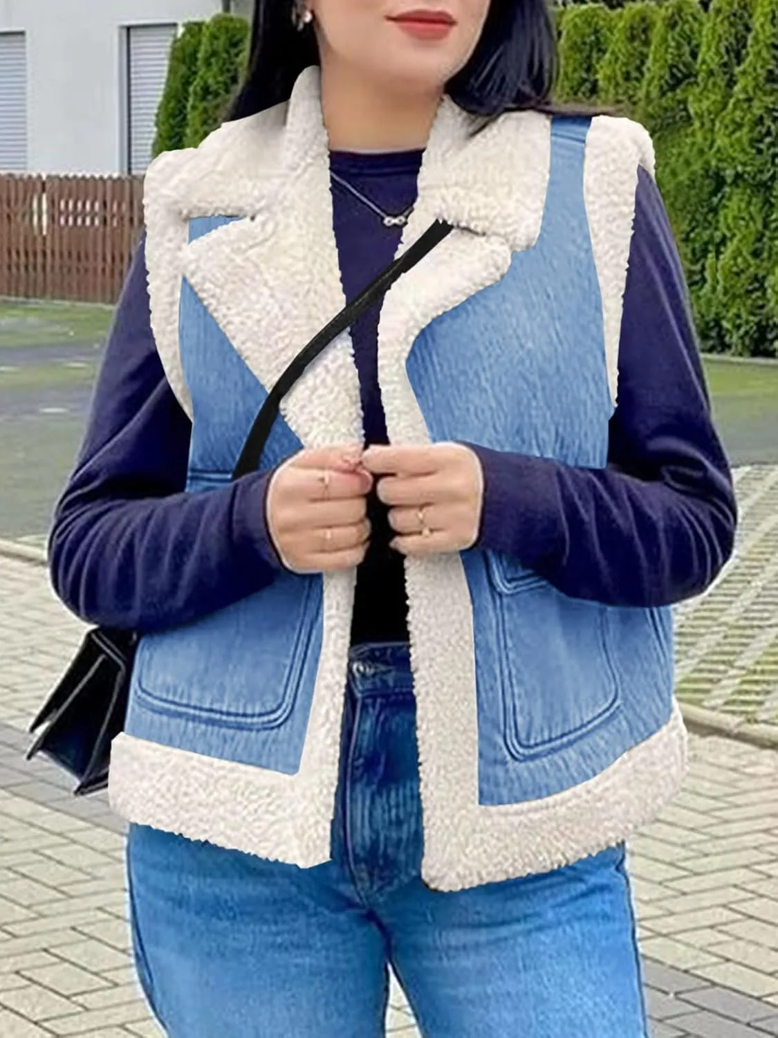 Tankaneo Womens Sherpa Denim Vest Oversized Fleece Lined Sleeveless Jean Jacket Winter Fuzzy Outerwear