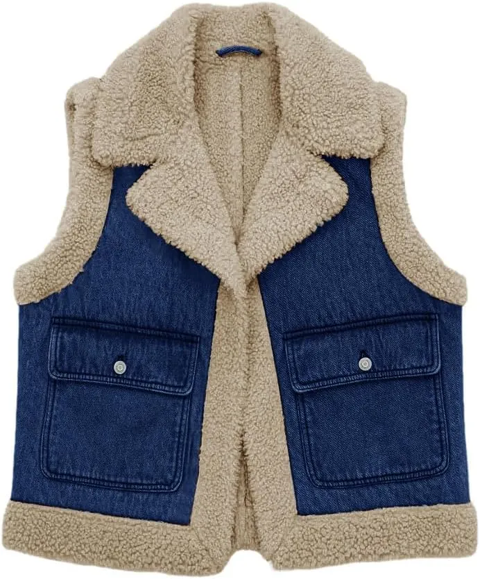 Tankaneo Womens Sherpa Denim Vest Oversized Fleece Lined Sleeveless Jean Jacket Winter Fuzzy Outerwear