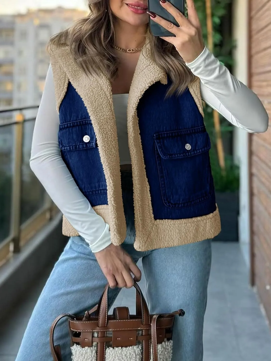 Tankaneo Womens Sherpa Denim Vest Oversized Fleece Lined Sleeveless Jean Jacket Winter Fuzzy Outerwear