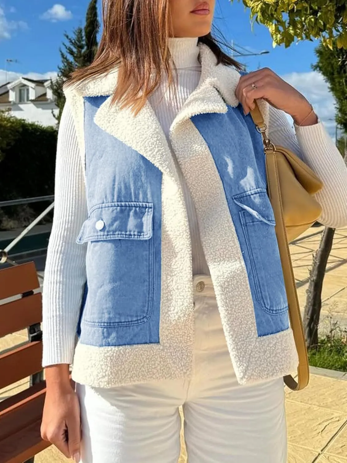 Tankaneo Womens Sherpa Denim Vest Oversized Fleece Lined Sleeveless Jean Jacket Winter Fuzzy Outerwear