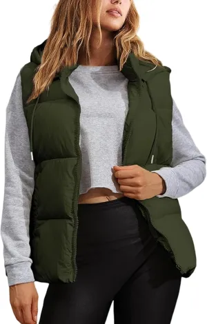 Tanming Black Puffer Vest Women Zip Up Lightweight Sleeveless Winter Outerwear Vests with Hood