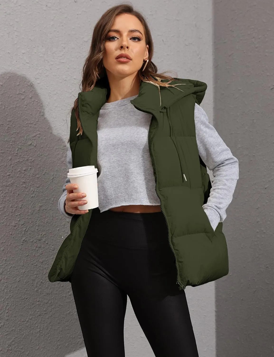 Tanming Black Puffer Vest Women Zip Up Lightweight Sleeveless Winter Outerwear Vests with Hood