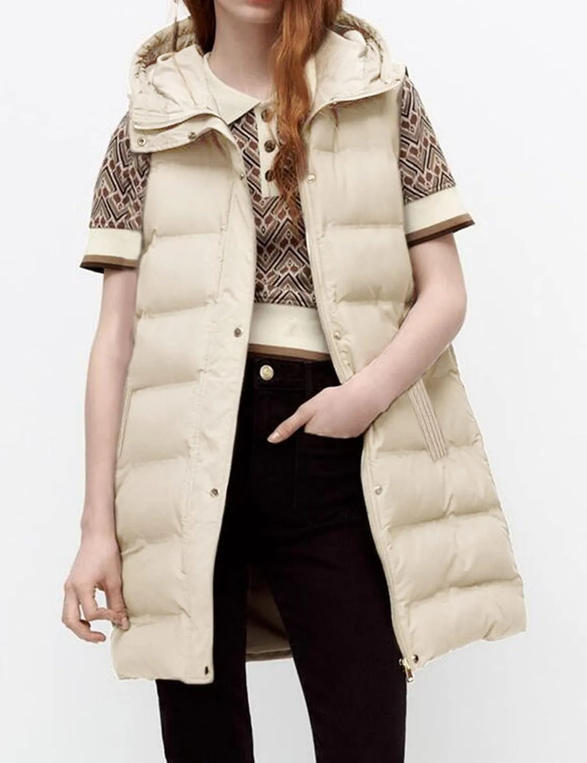 Tanming Women's Long Puffer Vest Casual Sleeveless Puffy Jacket with Removable Hood