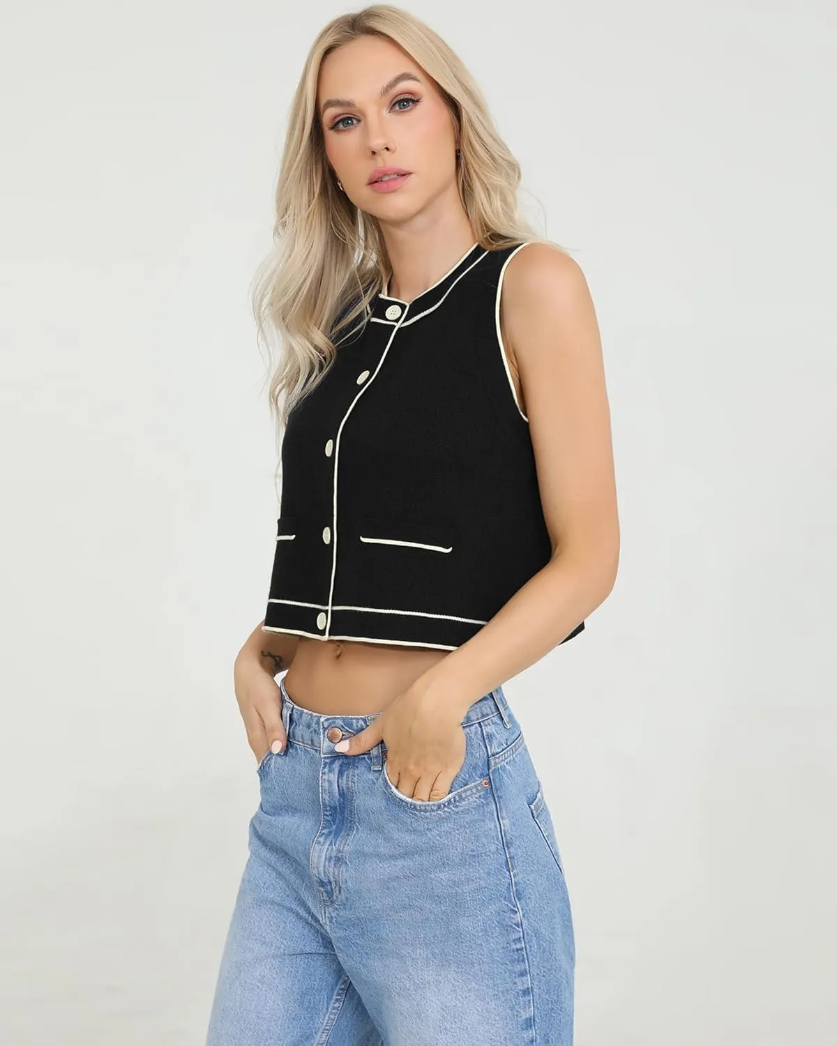 Totatuit Vest Tops for Women Cropped Sweater 2024 Fall Button Up Work Tank Top Outfits Y2K Clothes