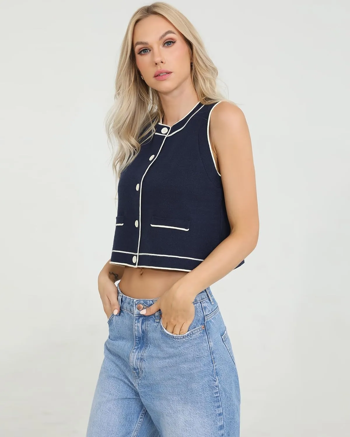 Totatuit Vest Tops for Women Cropped Sweater 2024 Fall Button Up Work Tank Top Outfits Y2K Clothes