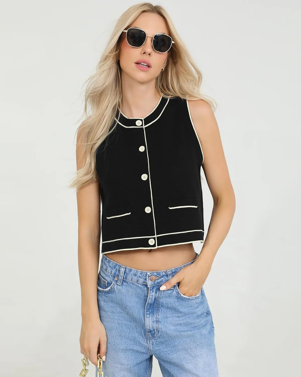 Totatuit Vest Tops for Women Cropped Sweater 2024 Fall Button Up Work Tank Top Outfits Y2K Clothes