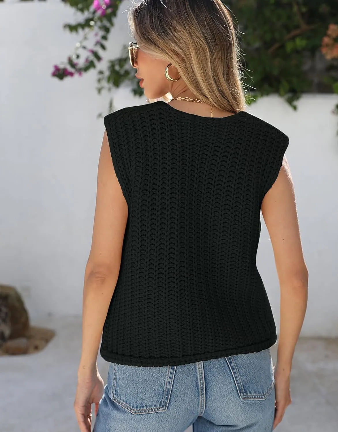Trendy Cardigan Sweater Vest for Women Crochet Chunky Knit Top Sleeveless Bows Bandage Crop Tops with Pockets