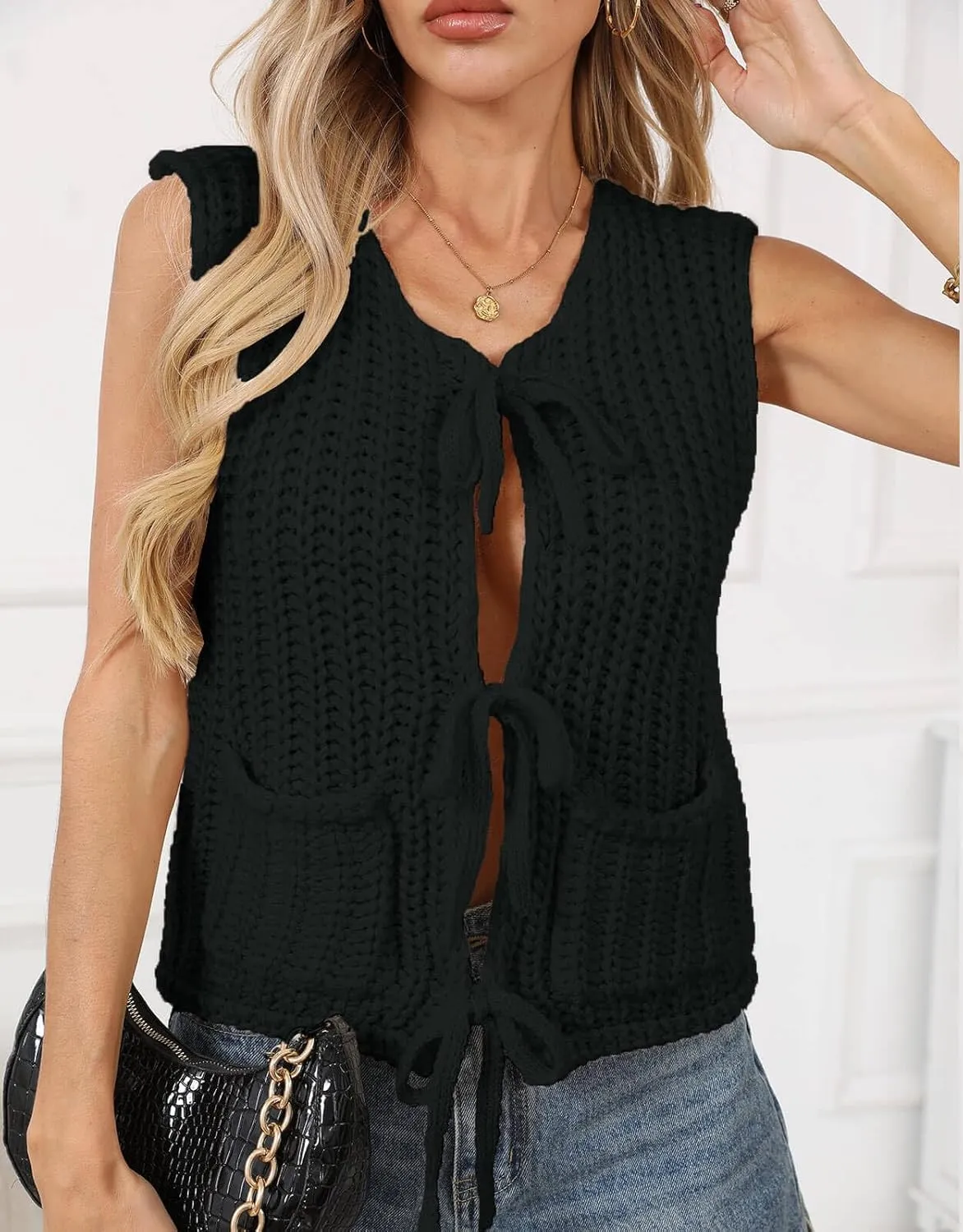 Trendy Cardigan Sweater Vest for Women Crochet Chunky Knit Top Sleeveless Bows Bandage Crop Tops with Pockets