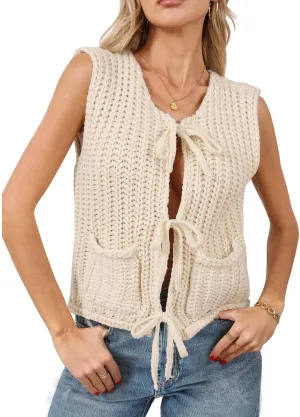Trendy Cardigan Sweater Vest for Women Crochet Chunky Knit Top Sleeveless Bows Bandage Crop Tops with Pockets