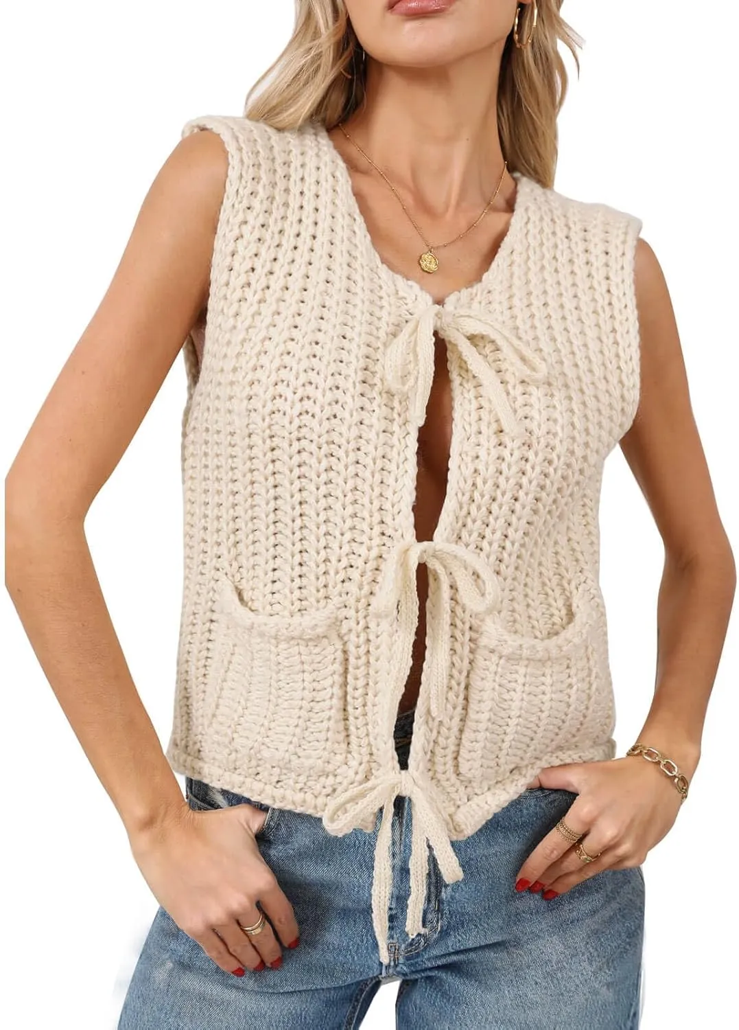 Trendy Cardigan Sweater Vest for Women Crochet Chunky Knit Top Sleeveless Bows Bandage Crop Tops with Pockets