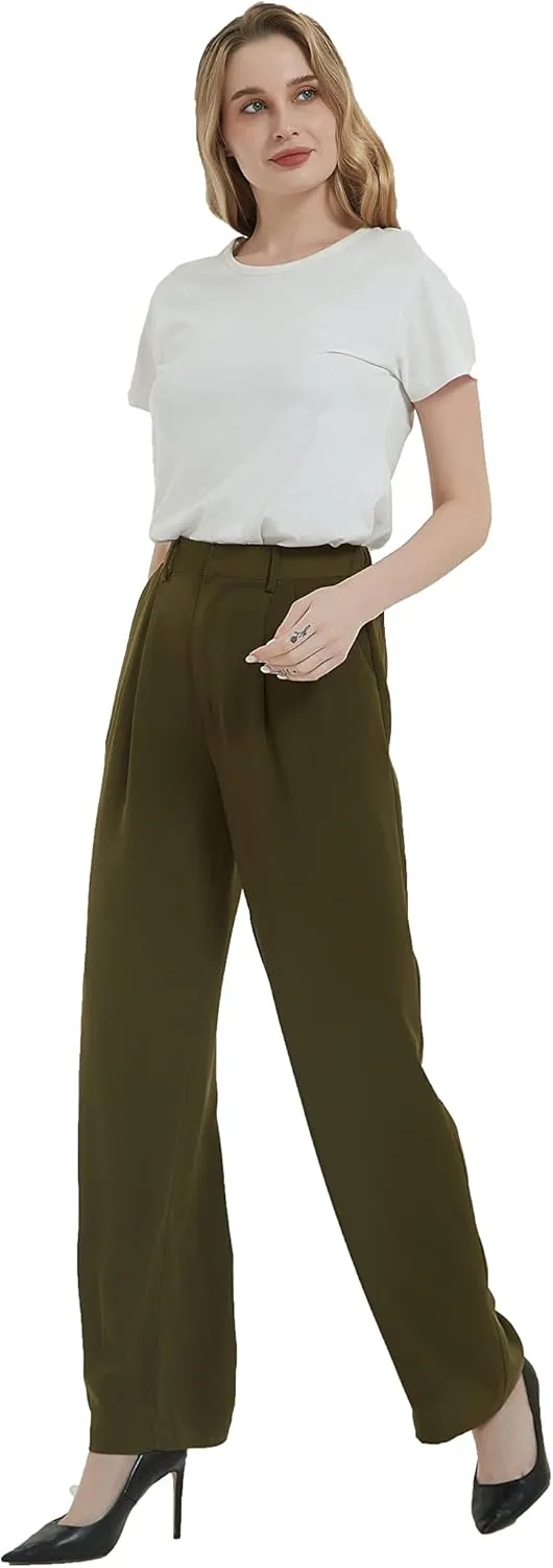 Tronjori Women High Waist Casual Straight Leg Long Business Work Suit Dress Pants Wide Leg Trousers Regular Waistband