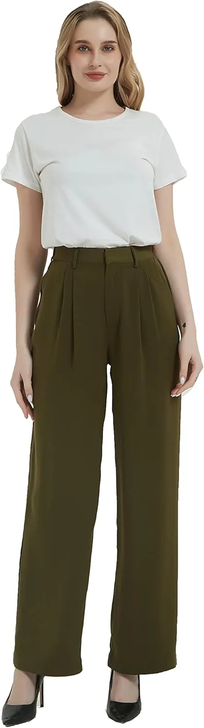 Tronjori Women High Waist Casual Straight Leg Long Business Work Suit Dress Pants Wide Leg Trousers Regular Waistband