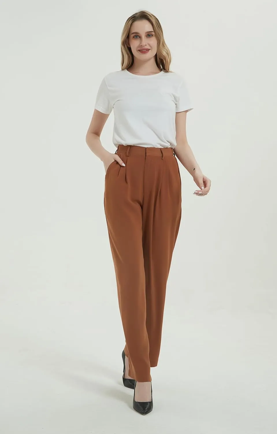 Tronjori Women High Waist Casual Straight Leg Long Business Work Suit Dress Pants Wide Leg Trousers Regular Waistband