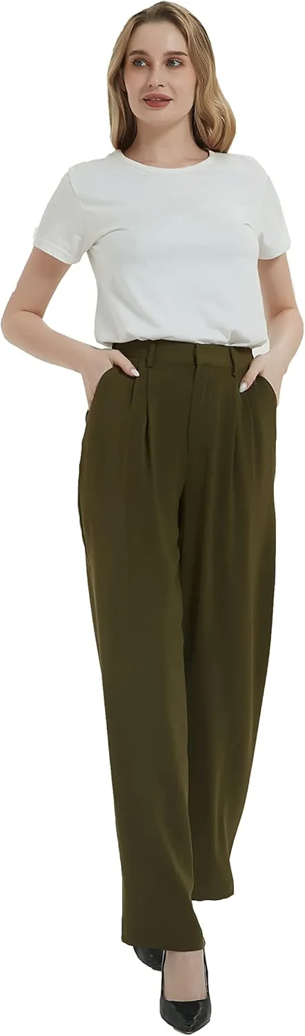 Tronjori Women High Waist Casual Straight Leg Long Business Work Suit Dress Pants Wide Leg Trousers Regular Waistband