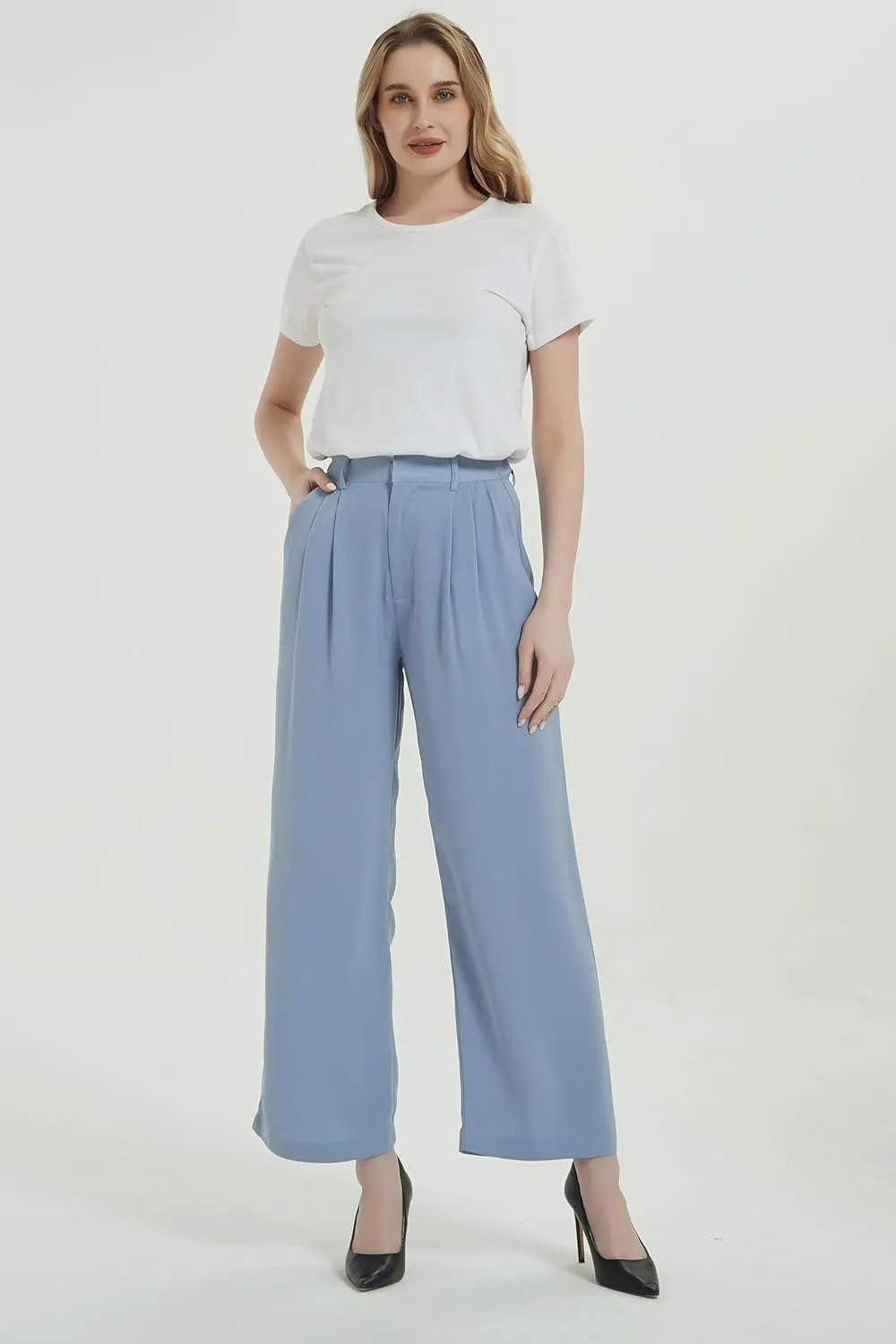 Tronjori Women High Waist Casual Straight Leg Long Business Work Suit Dress Pants Wide Leg Trousers Regular Waistband