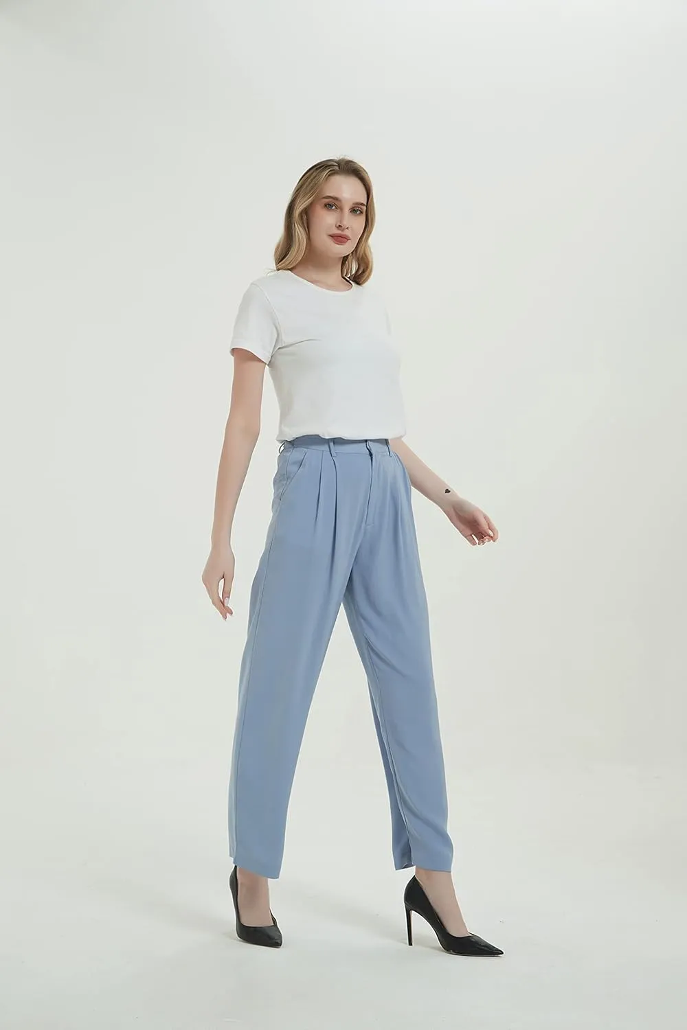 Tronjori Women High Waist Casual Straight Leg Long Business Work Suit Dress Pants Wide Leg Trousers Regular Waistband
