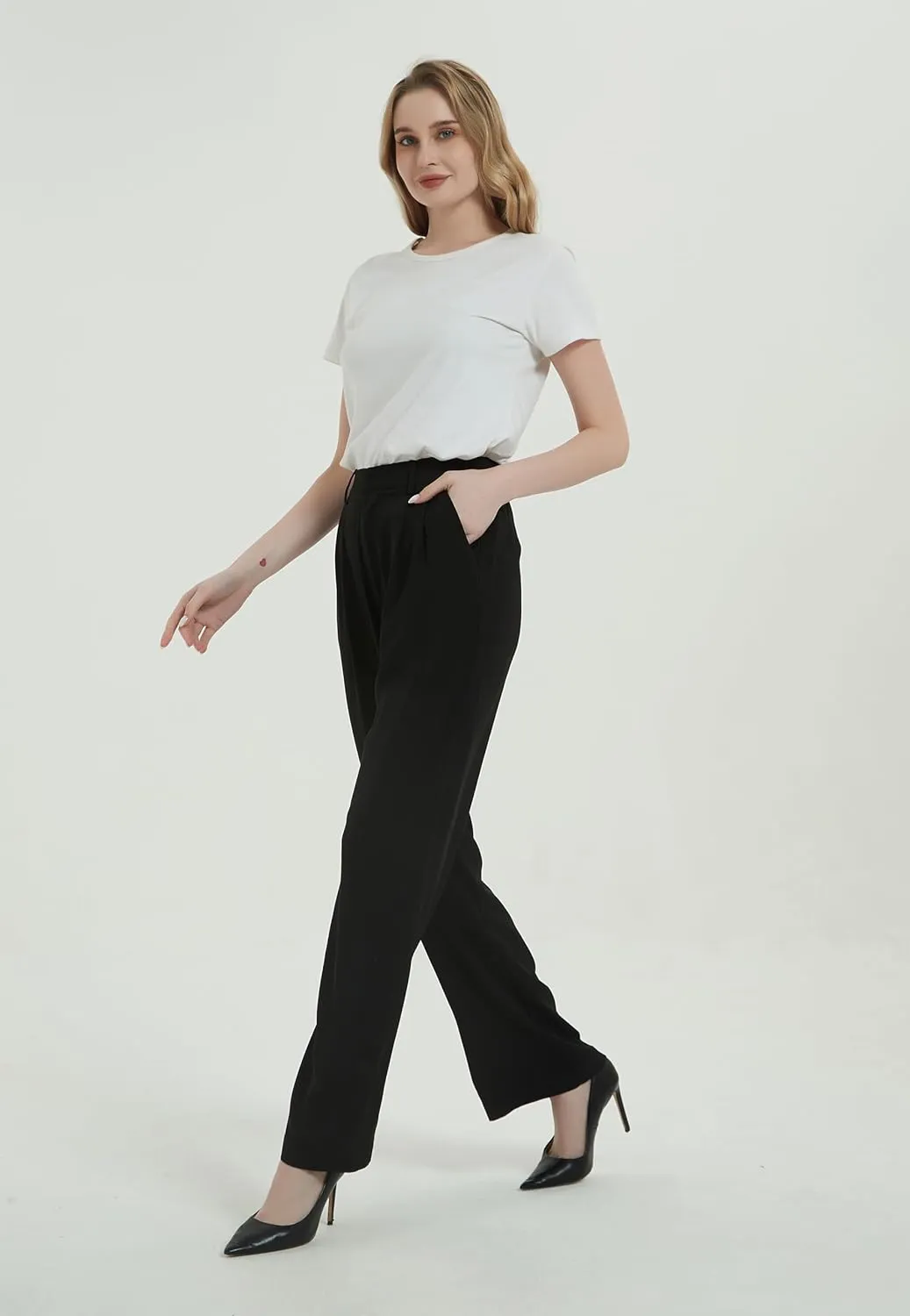 Tronjori Women High Waist Casual Straight Leg Long Business Work Suit Dress Pants Wide Leg Trousers Regular Waistband