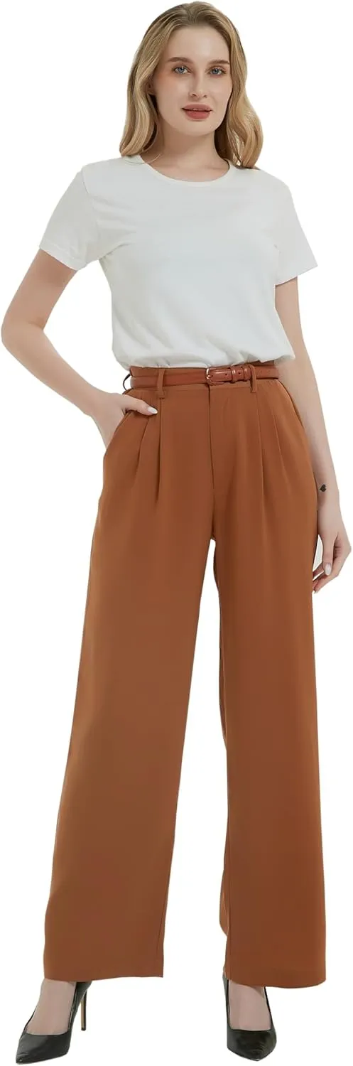 Tronjori Women High Waist Casual Straight Leg Long Business Work Suit Dress Pants Wide Leg Trousers Regular Waistband
