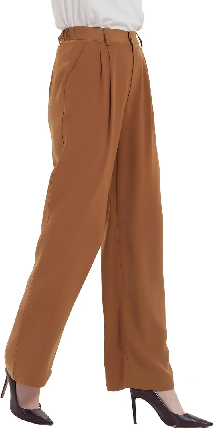 Tronjori Women High Waist Casual Straight Leg Long Business Work Suit Dress Pants Wide Leg Trousers Regular Waistband