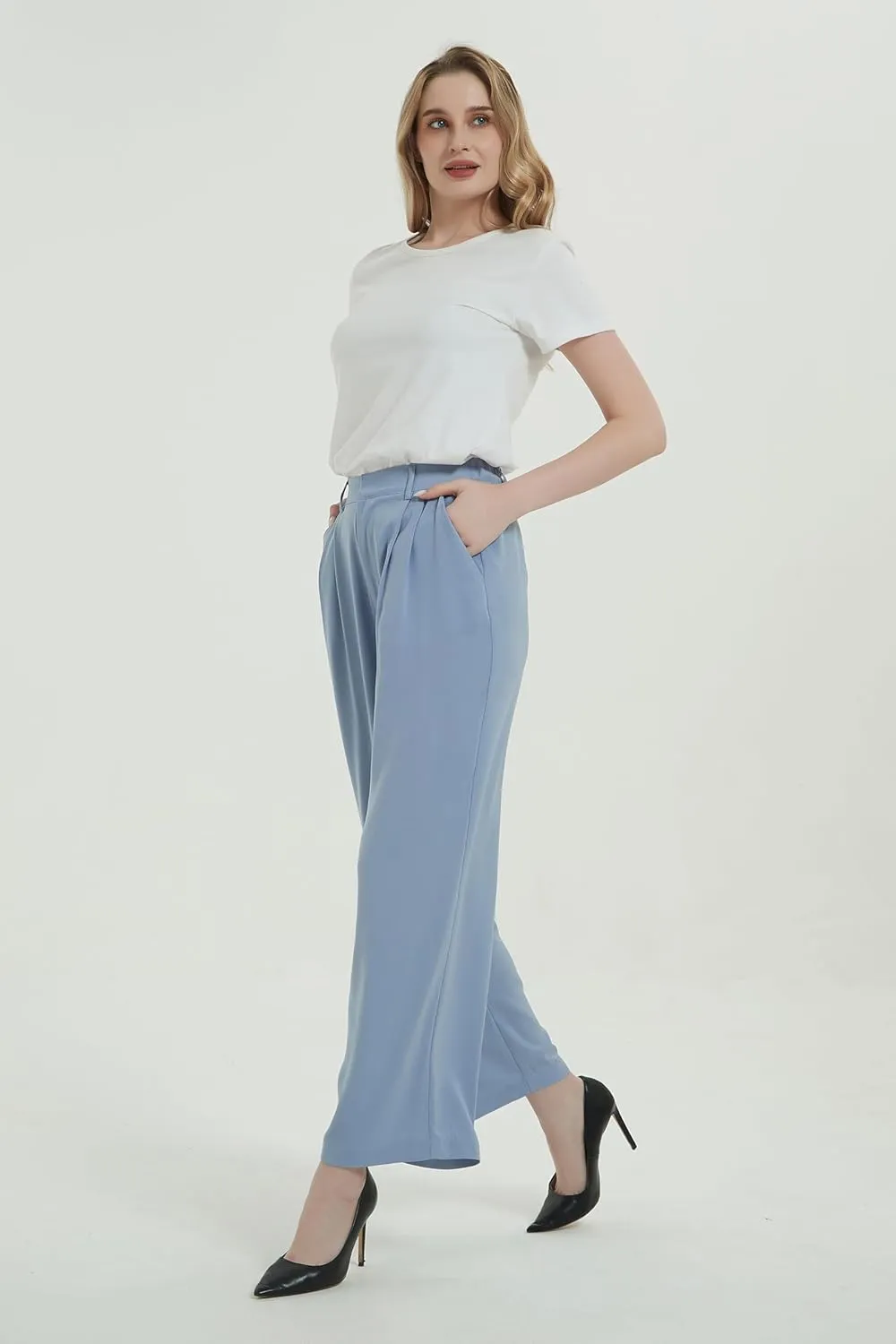 Tronjori Women High Waist Casual Straight Leg Long Business Work Suit Dress Pants Wide Leg Trousers Regular Waistband